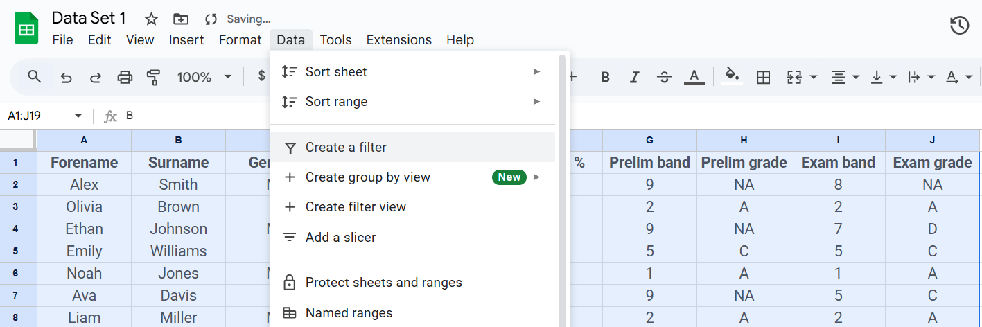 Google Sheets Filter