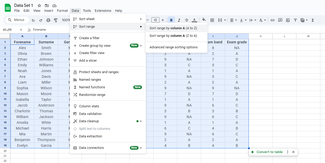 Google Sheets Sort
